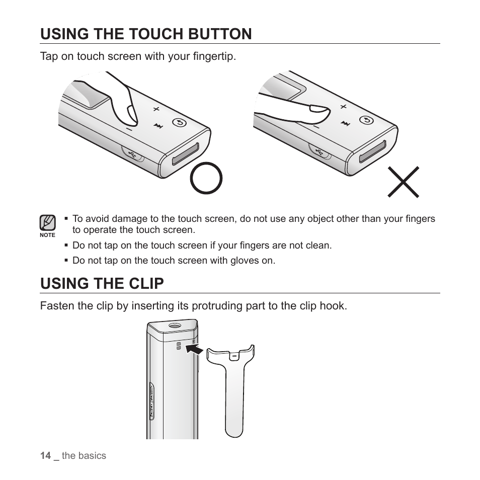 Using the touch button, Using the clip | Samsung YP-T7Z-XAA User Manual | Page 16 / 68
