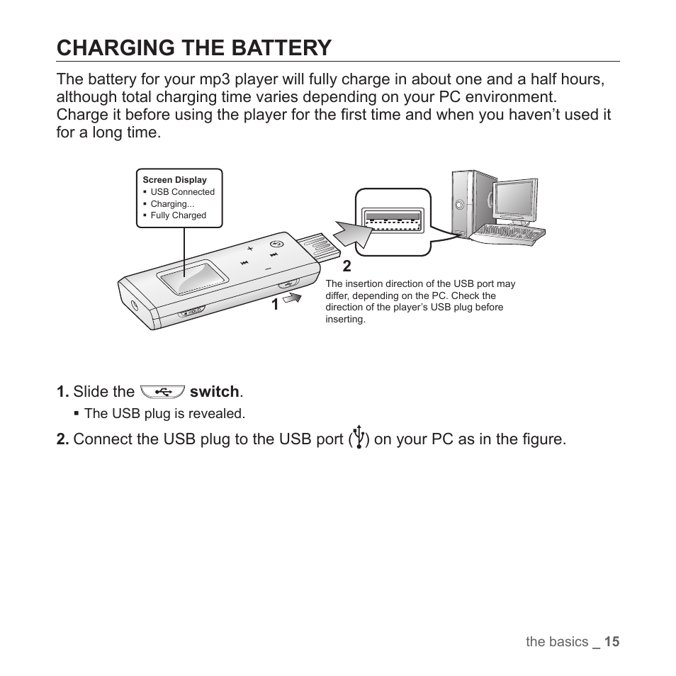Charging the battery | Samsung YP-T7Z-XAA User Manual | Page 17 / 68