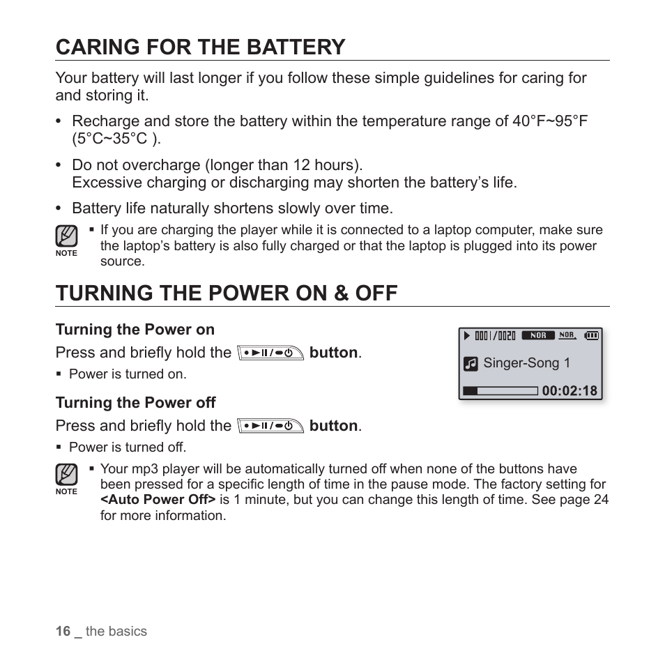 Caring for the battery, Turning the power on & off | Samsung YP-T7Z-XAA User Manual | Page 18 / 68