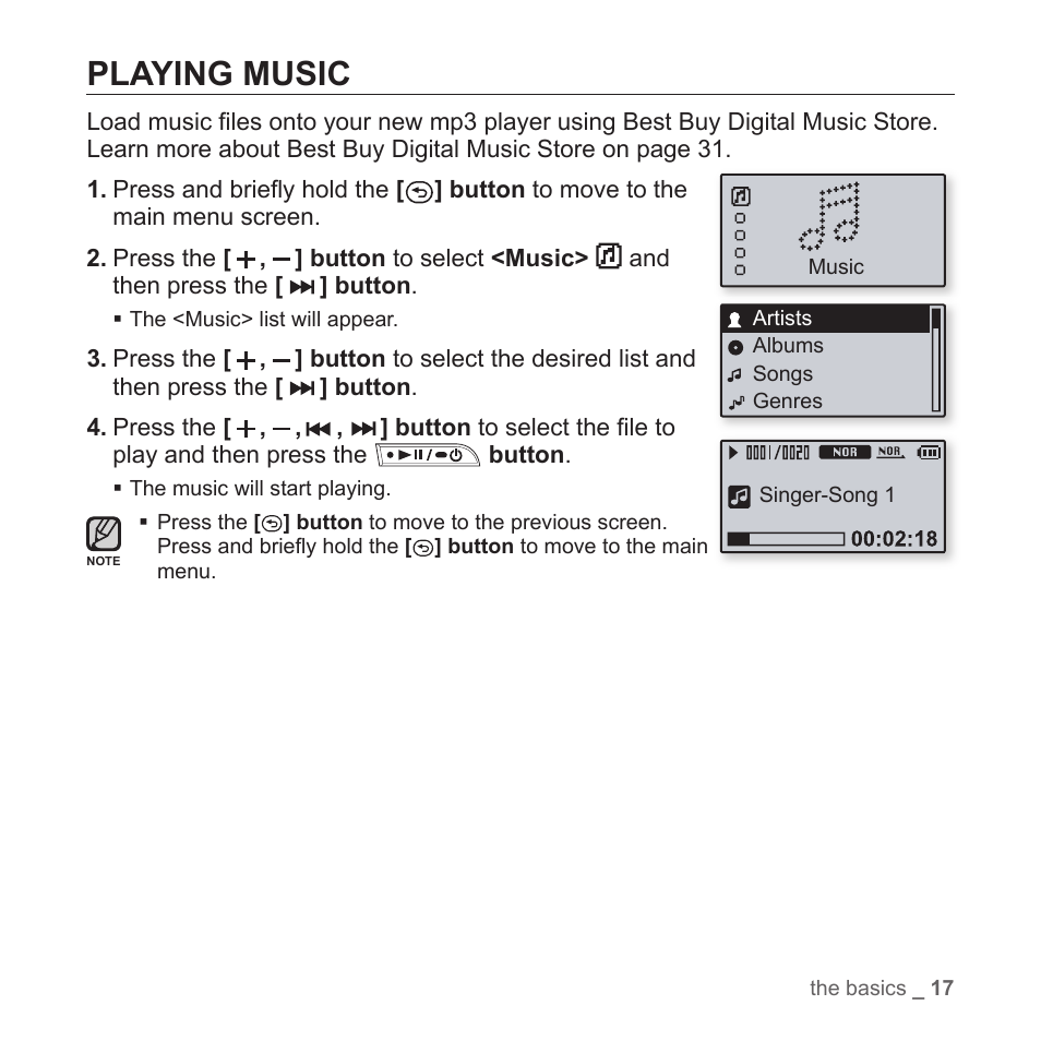 Playing music | Samsung YP-T7Z-XAA User Manual | Page 19 / 68