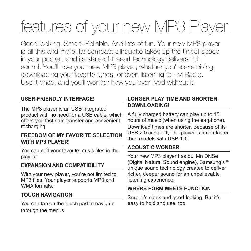 Features of your new mp3 player | Samsung YP-T7Z-XAA User Manual | Page 2 / 68