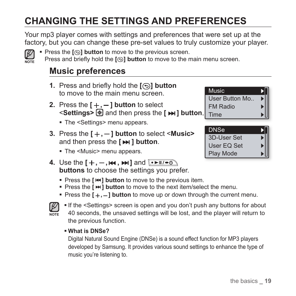 Changing the settings and preferences, Music preferences | Samsung YP-T7Z-XAA User Manual | Page 21 / 68
