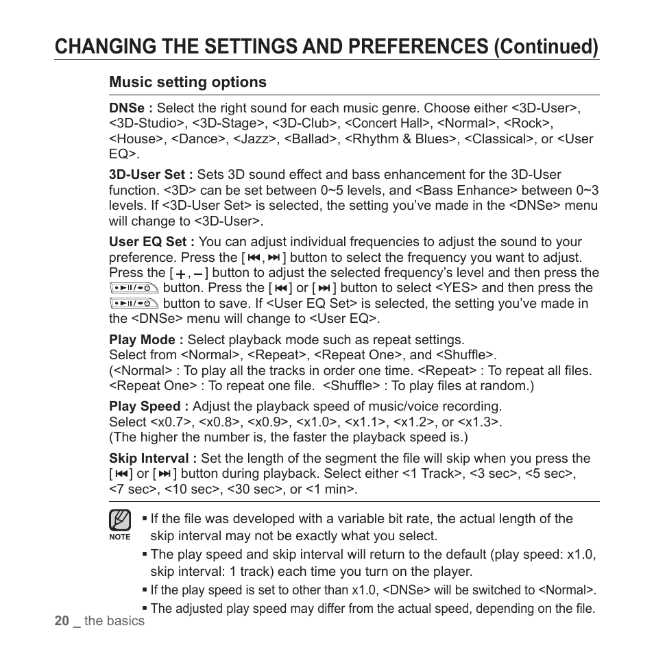 Changing the settings and preferences (continued) | Samsung YP-T7Z-XAA User Manual | Page 22 / 68