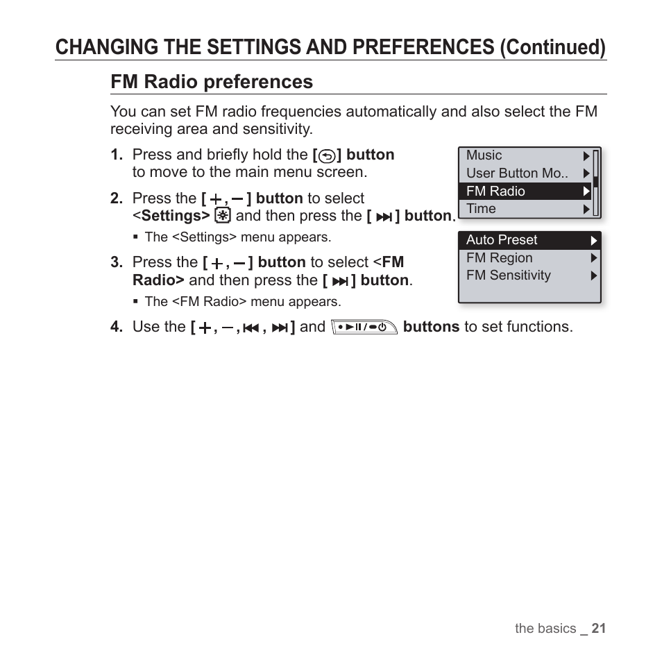 Changing the settings and preferences (continued), Fm radio preferences | Samsung YP-T7Z-XAA User Manual | Page 23 / 68