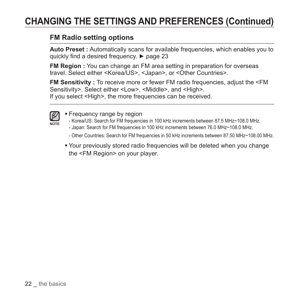 Changing the settings and preferences (continued) | Samsung YP-T7Z-XAA User Manual | Page 24 / 68