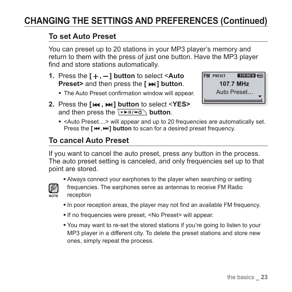 Changing the settings and preferences (continued) | Samsung YP-T7Z-XAA User Manual | Page 25 / 68