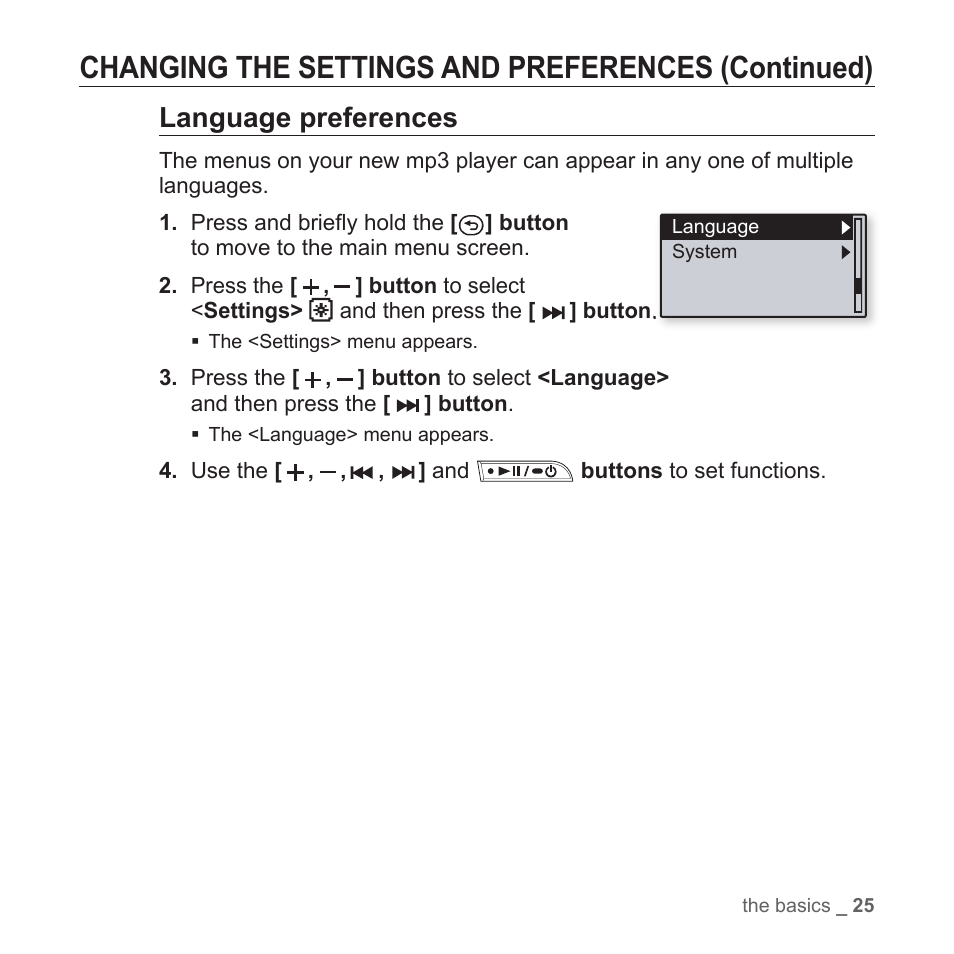 Changing the settings and preferences (continued), Language preferences | Samsung YP-T7Z-XAA User Manual | Page 27 / 68