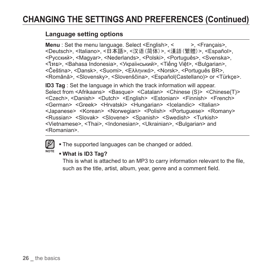 Changing the settings and preferences (continued) | Samsung YP-T7Z-XAA User Manual | Page 28 / 68