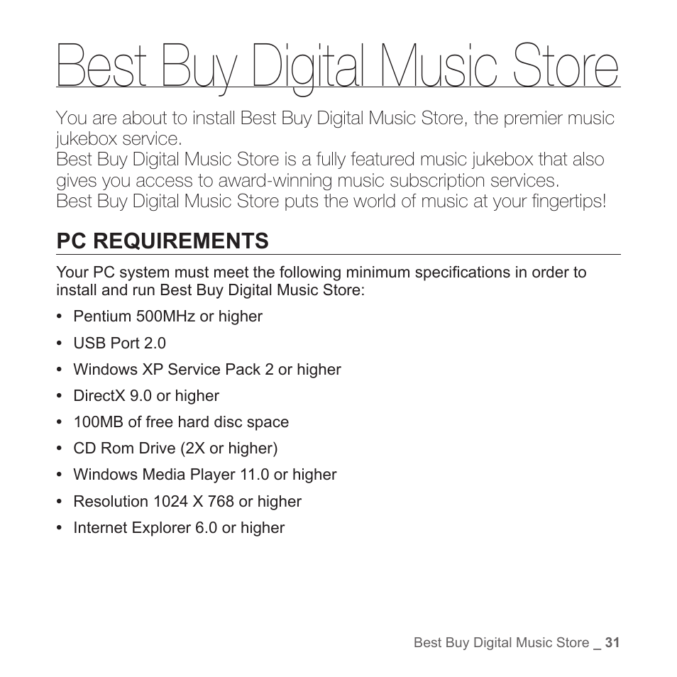 Best buy digital music store, Pc requirements | Samsung YP-T7Z-XAA User Manual | Page 33 / 68
