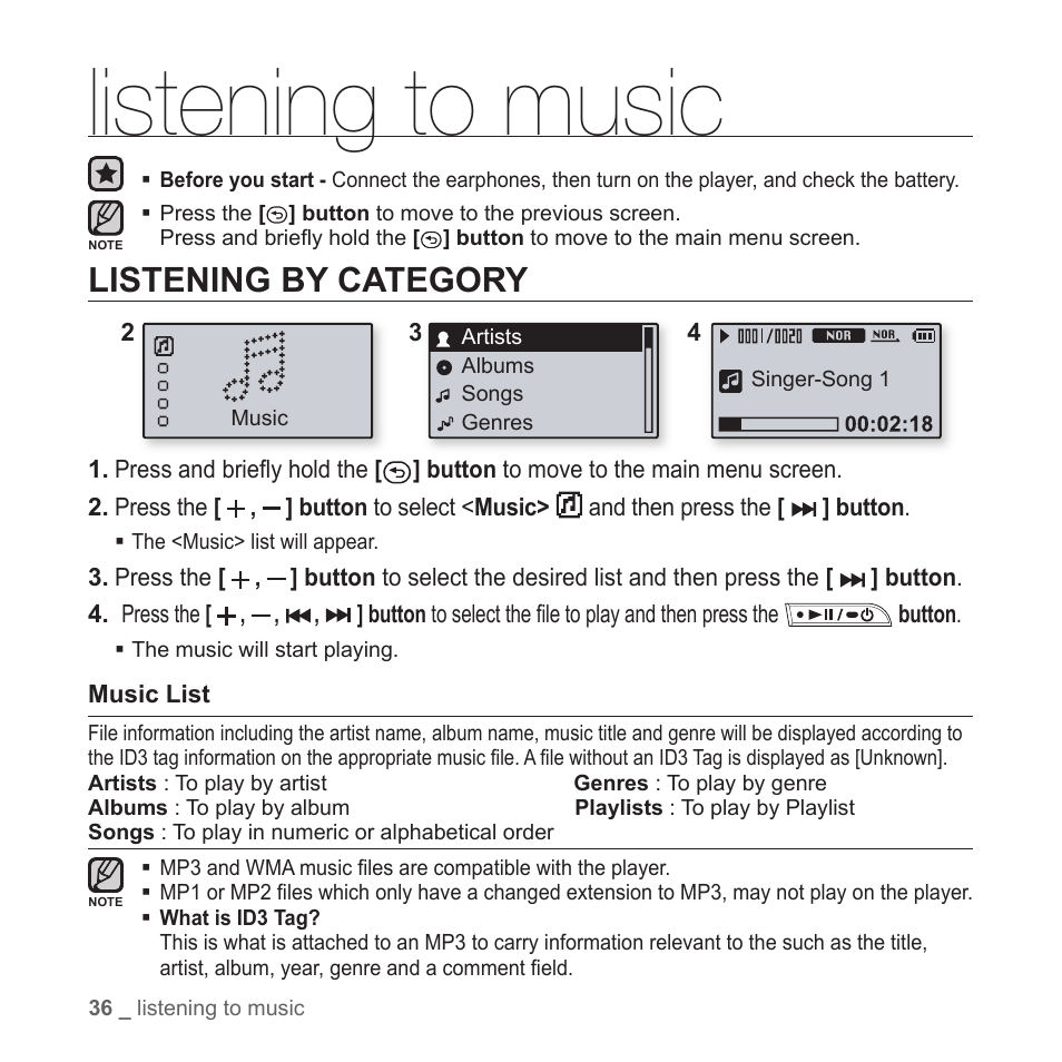 Listening to music, Listening by category | Samsung YP-T7Z-XAA User Manual | Page 38 / 68