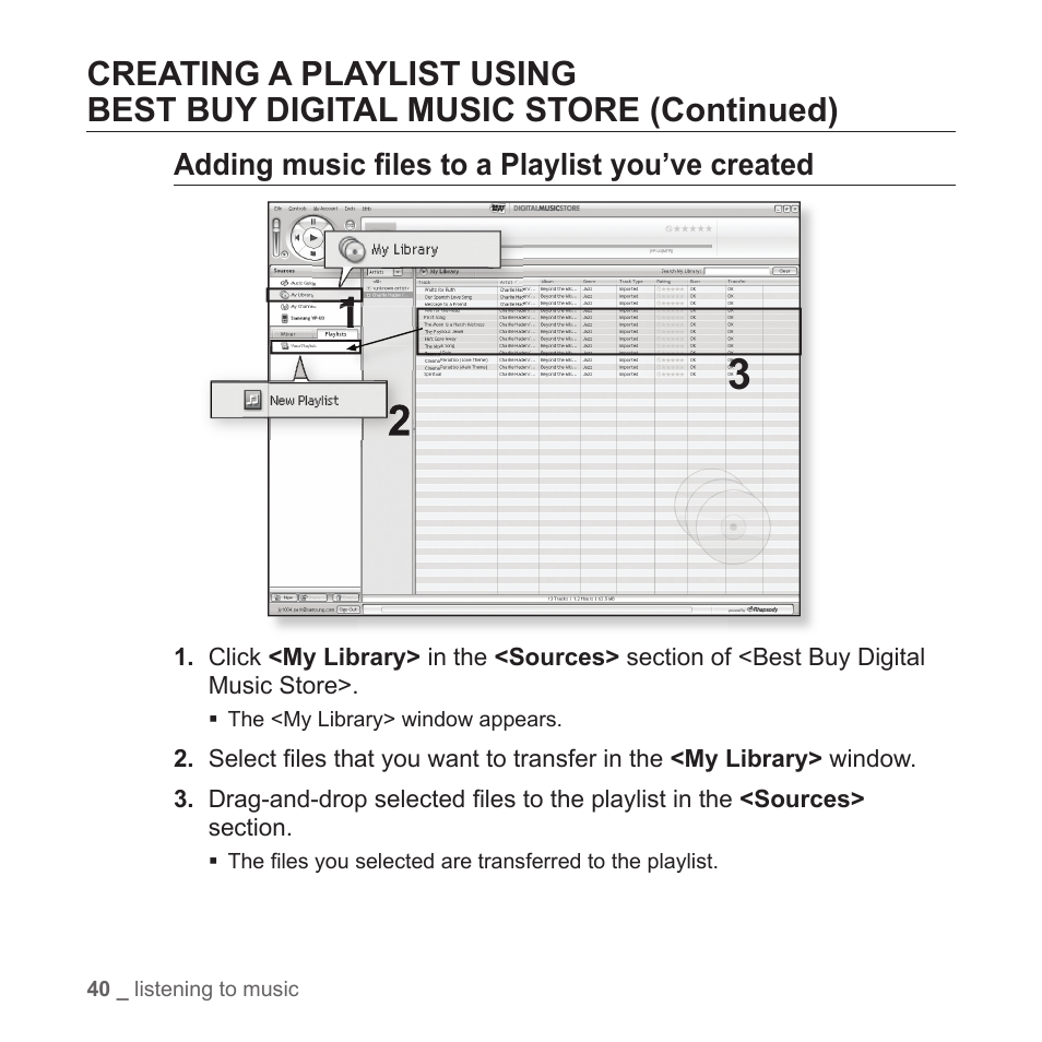 Adding music fi les to a playlist you’ve created | Samsung YP-T7Z-XAA User Manual | Page 42 / 68