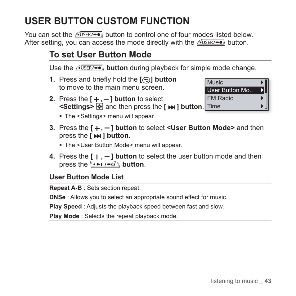 User button custom function | Samsung YP-T7Z-XAA User Manual | Page 45 / 68