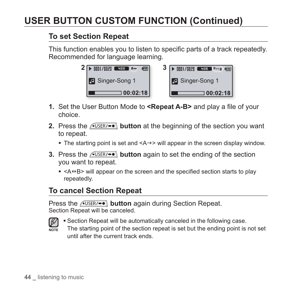 User button custom function (continued) | Samsung YP-T7Z-XAA User Manual | Page 46 / 68