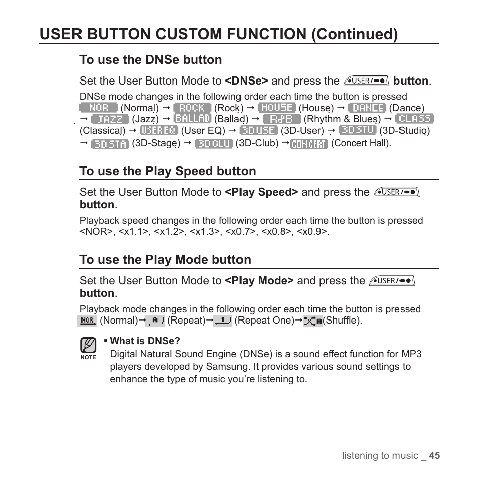 User button custom function (continued) | Samsung YP-T7Z-XAA User Manual | Page 47 / 68