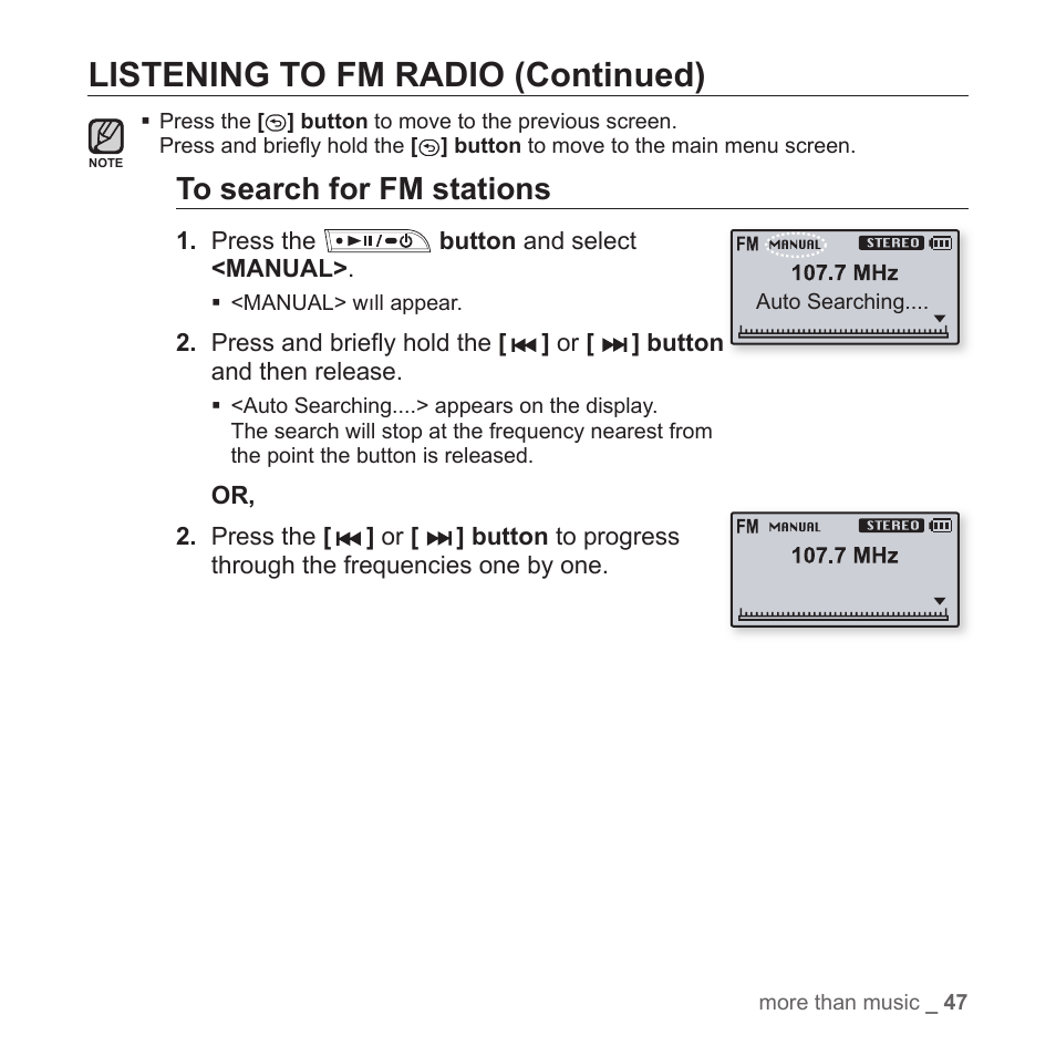 Listening to fm radio (continued) | Samsung YP-T7Z-XAA User Manual | Page 49 / 68