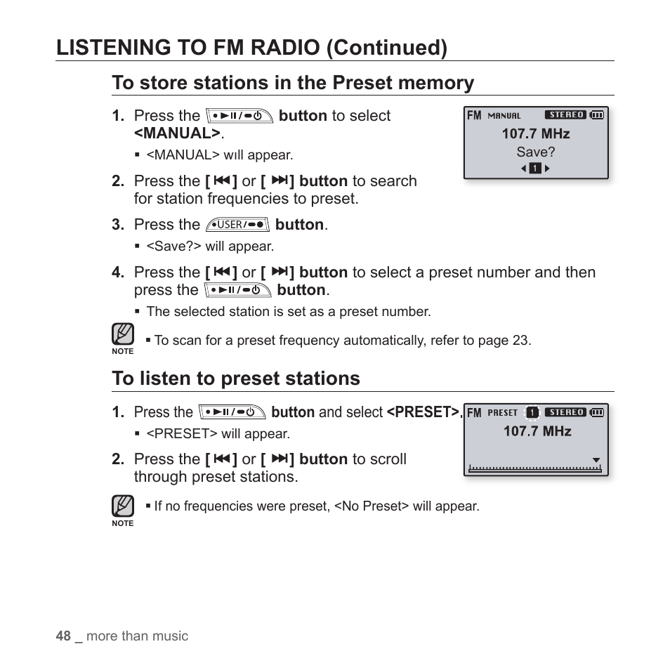 Listening to fm radio (continued) | Samsung YP-T7Z-XAA User Manual | Page 50 / 68