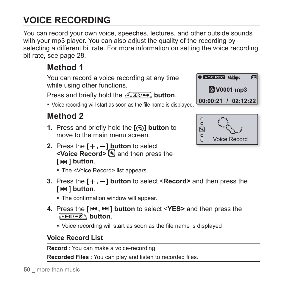 Voice recording, Method 1, Method 2 | Samsung YP-T7Z-XAA User Manual | Page 52 / 68