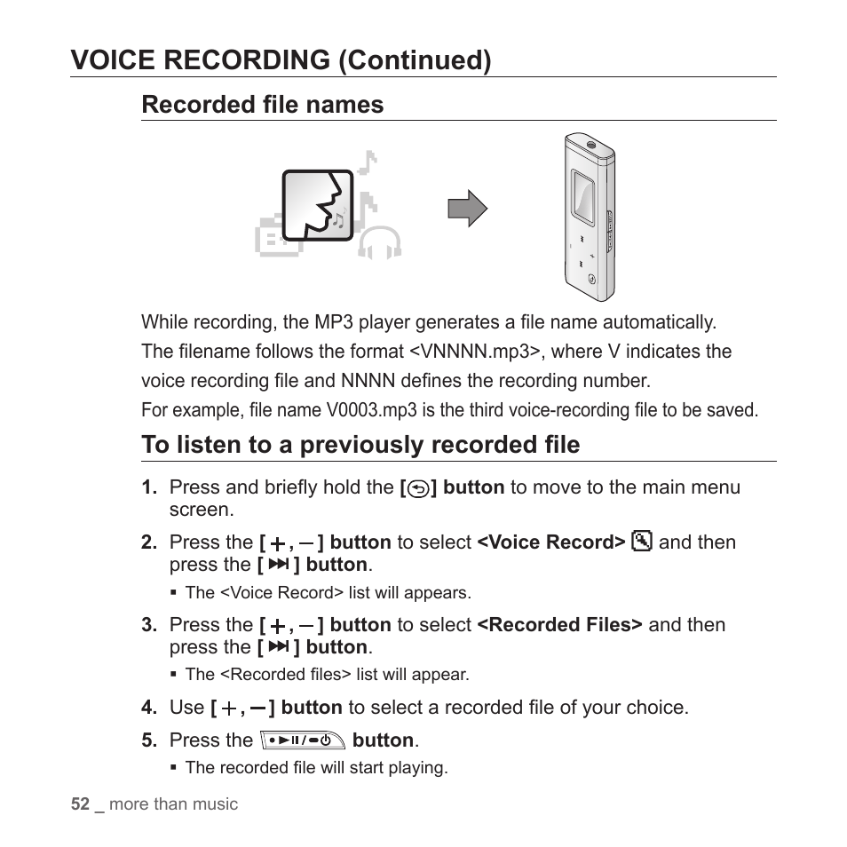 Voice recording (continued), Recorded fi le names | Samsung YP-T7Z-XAA User Manual | Page 54 / 68