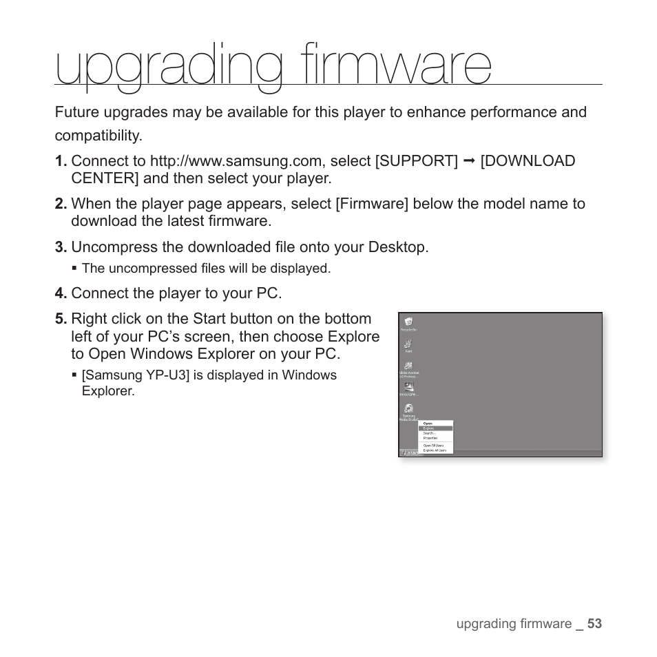 Upgrading firmware, Upgrading fi rmware | Samsung YP-T7Z-XAA User Manual | Page 55 / 68