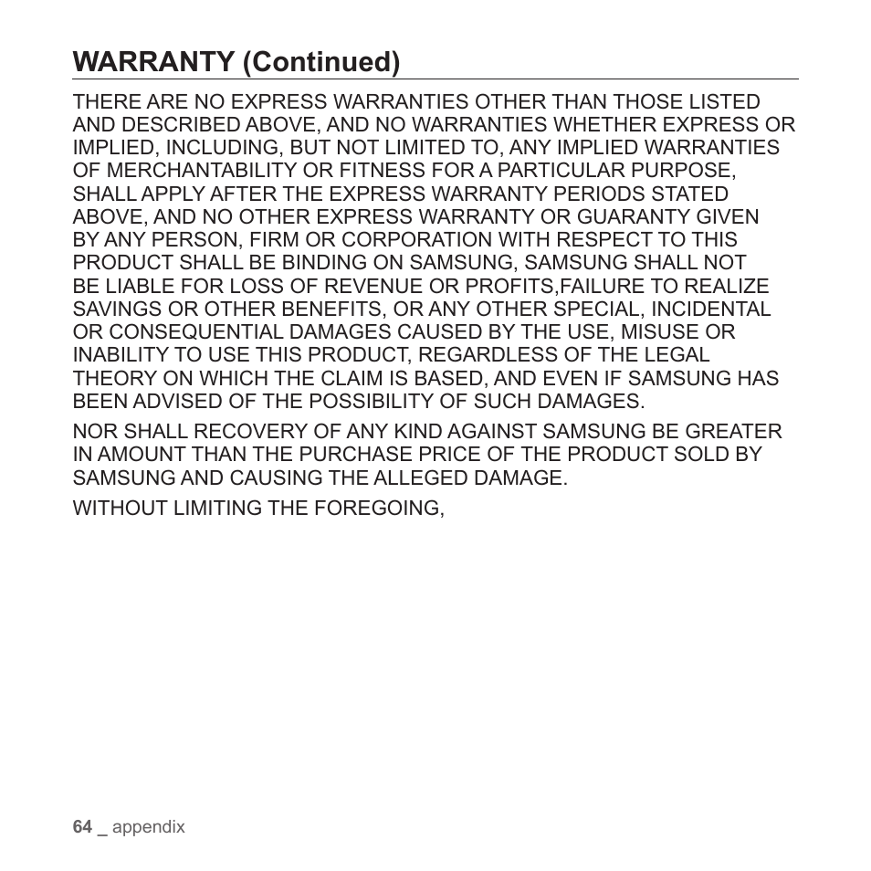Warranty (continued) | Samsung YP-T7Z-XAA User Manual | Page 66 / 68