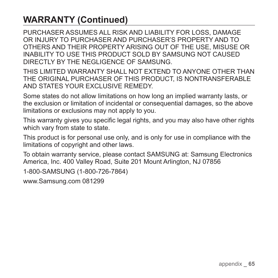 Warranty (continued) | Samsung YP-T7Z-XAA User Manual | Page 67 / 68