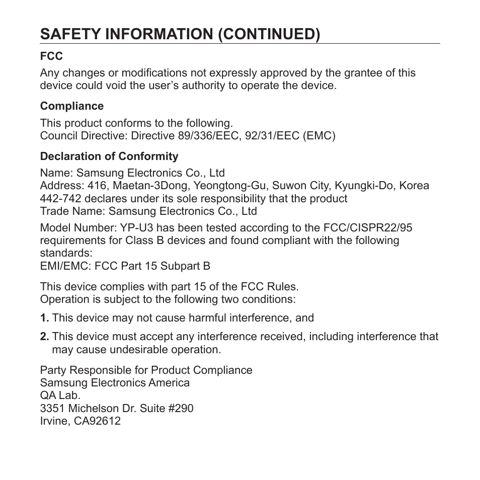Safety information (continued) | Samsung YP-T7Z-XAA User Manual | Page 7 / 68
