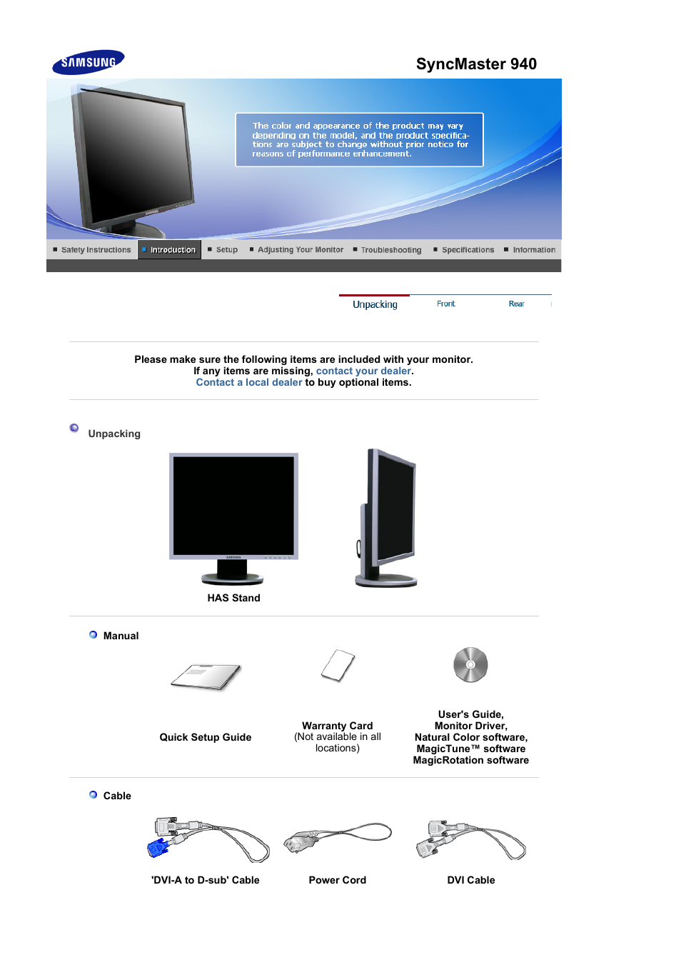 Unpacking, Front, Syncmaster 940fn | Samsung LS19HATBB2-XAA User Manual | Page 10 / 87