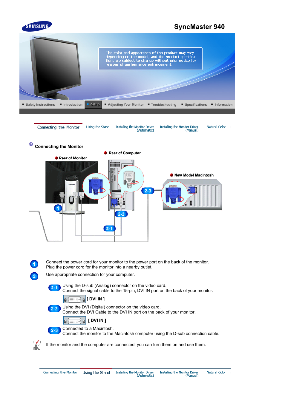 Connecting the monitor, Using the stand, Syncmaster 940fn | Samsung LS19HATBB2-XAA User Manual | Page 17 / 87