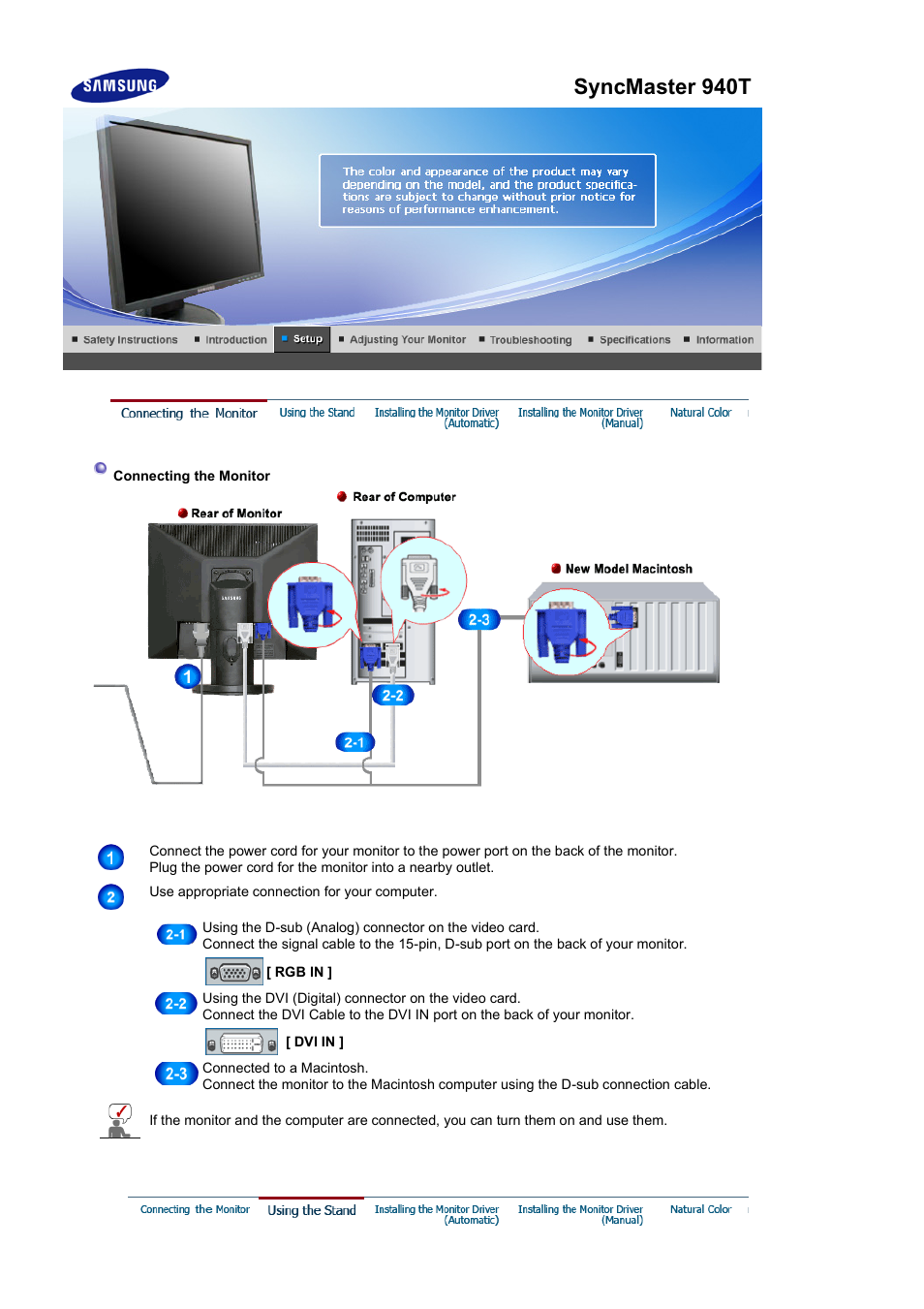 Connecting the monitor, Using the stand, Syncmaster 940t | Samsung LS19HATBB2-XAA User Manual | Page 28 / 87