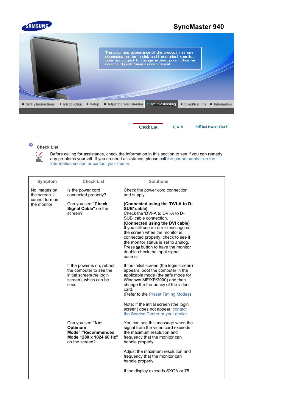 Check list, Q & a, Syncmaster 940fn | Samsung LS19HATBB2-XAA User Manual | Page 65 / 87