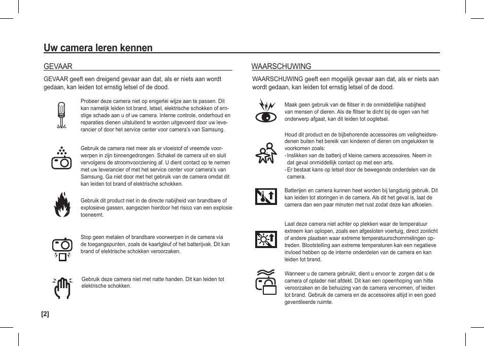 Uw camera leren kennen, Gevaar, Waarschuwing | Samsung I80 User Manual | Page 103 / 142