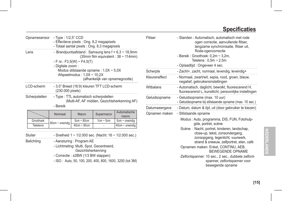 Specificaties | Samsung I80 User Manual | Page 116 / 142