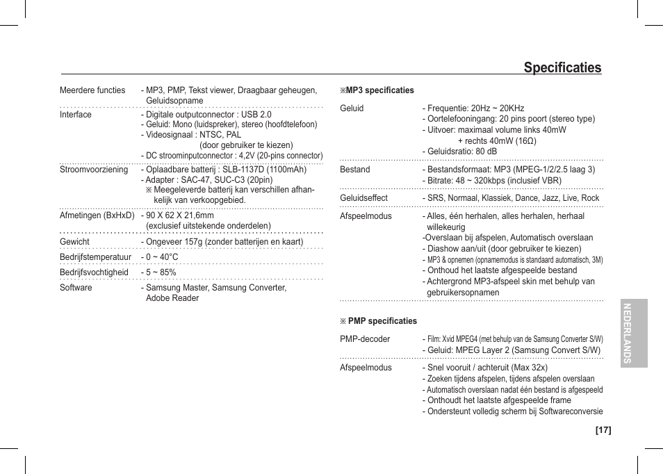 Specificaties | Samsung I80 User Manual | Page 118 / 142