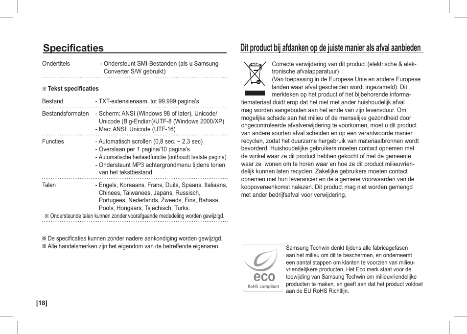 Specificaties | Samsung I80 User Manual | Page 119 / 142