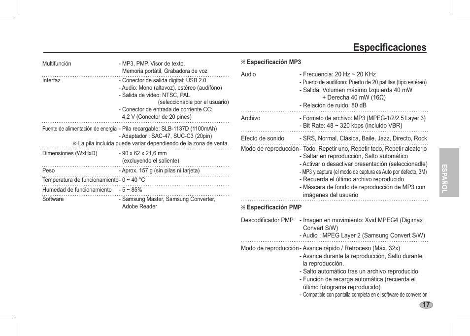 Especificaciones | Samsung I80 User Manual | Page 78 / 142