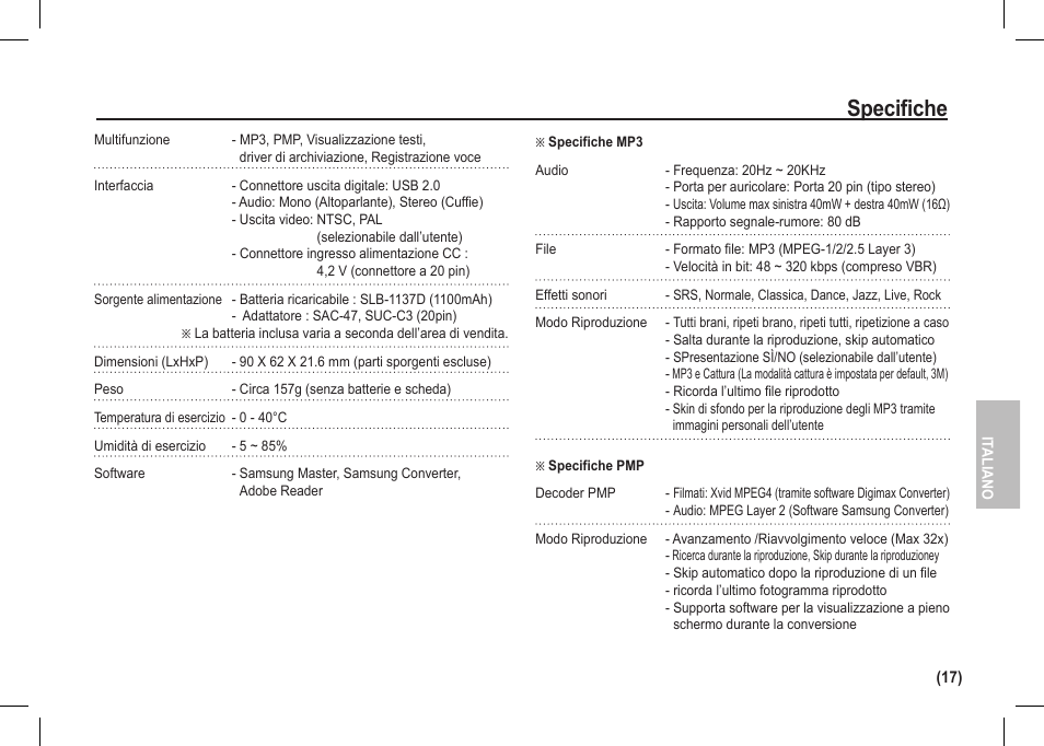 Specifiche | Samsung I80 User Manual | Page 98 / 142