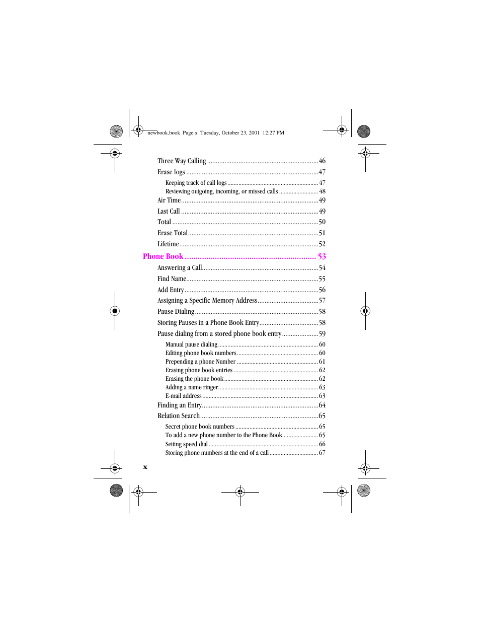Phone book, Three way calling, Erase logs | Air time, Last call, Total, Erase total, Lifetime, Answering a call, Find name | Samsung SEET300AQK-XAR User Manual | Page 10 / 174