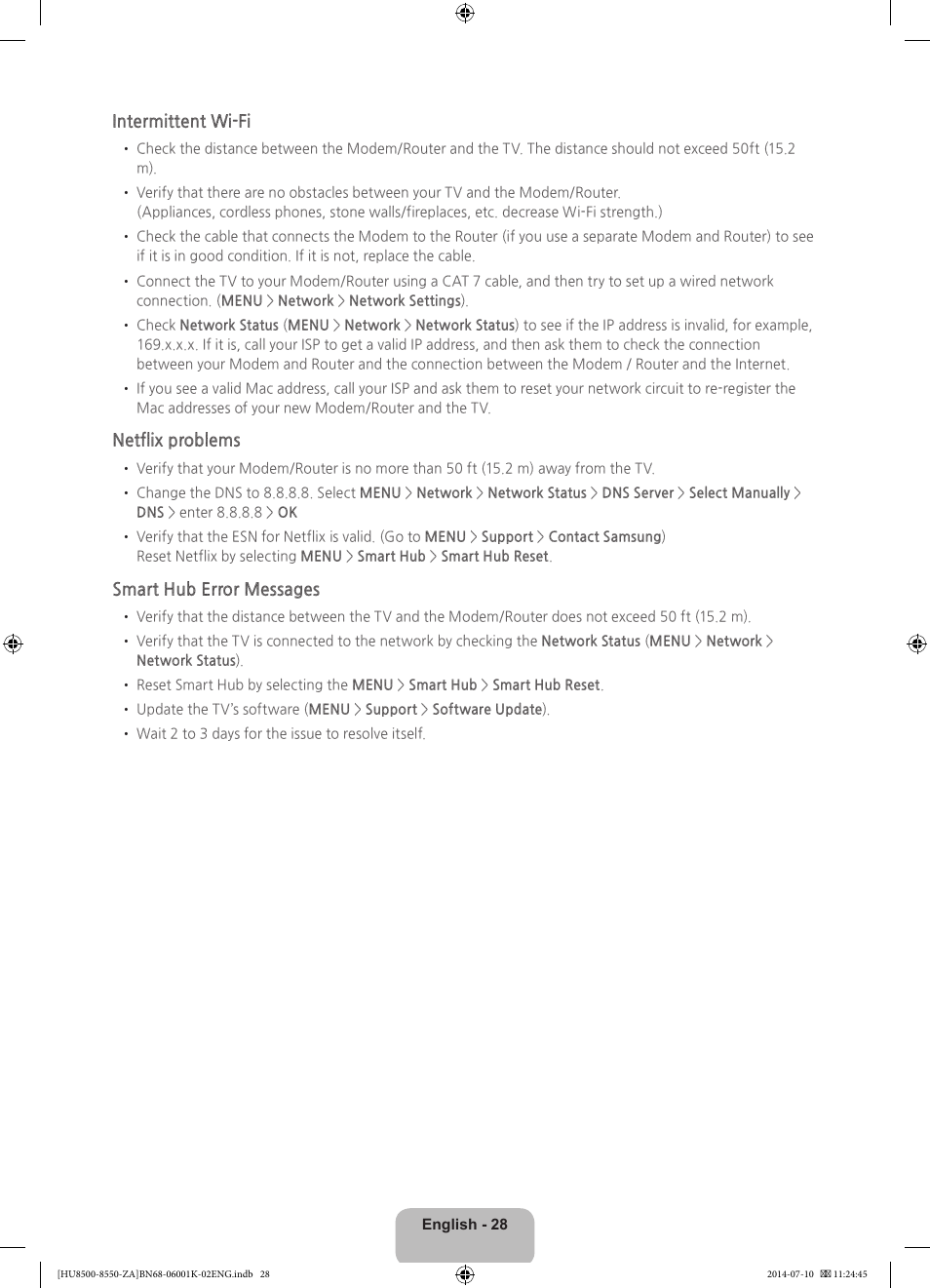 Intermittent wi-fi, Netflix problems, Smart hub error messages | Samsung UN55HU8550FXZA User Manual | Page 28 / 40