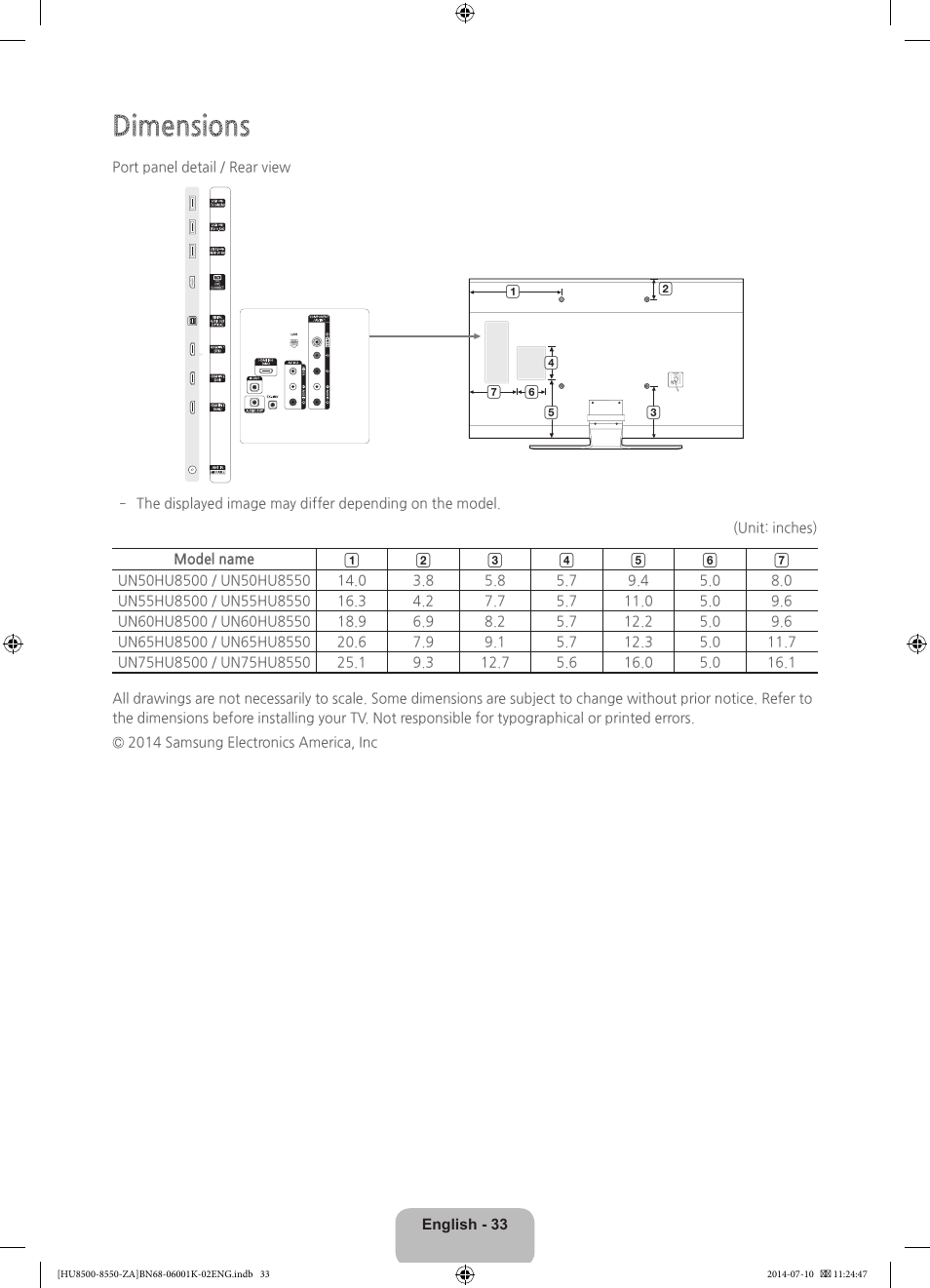 Dimensions | Samsung UN55HU8550FXZA User Manual | Page 33 / 40