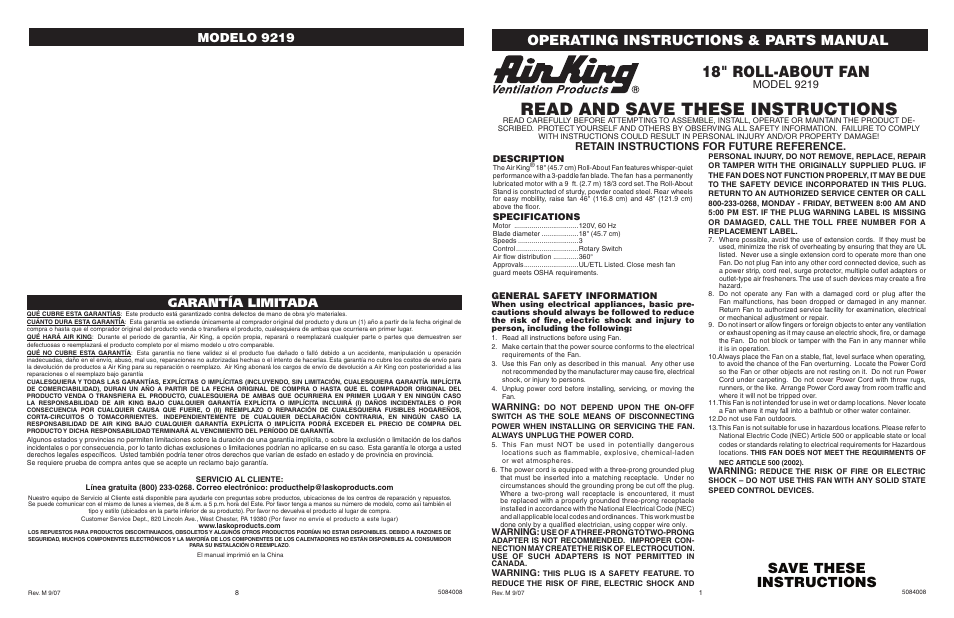 Air King 9219 User Manual | 4 pages