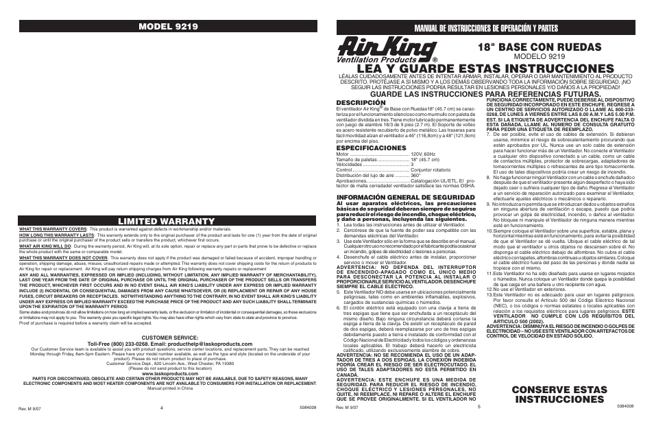 Lea y guarde estas instrucciones, 18" base con ruedas, Conserve estas instrucciones | Manual de instrucciones de operación y partes, Model 9219, Limited warranty, Guarde las instrucciones para referencias futuras, Modelo 9219, Información general de seguridad, Descripción | Air King 9219 User Manual | Page 4 / 4