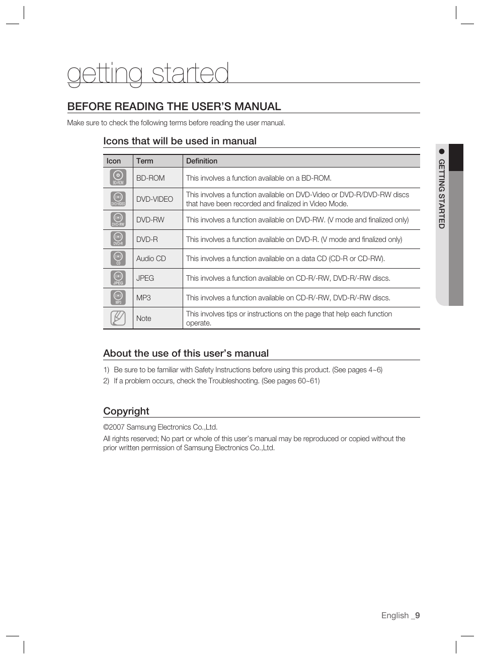 Getting started, Before reading the user’s manual | Samsung BD-P1400-XAA User Manual | Page 10 / 67