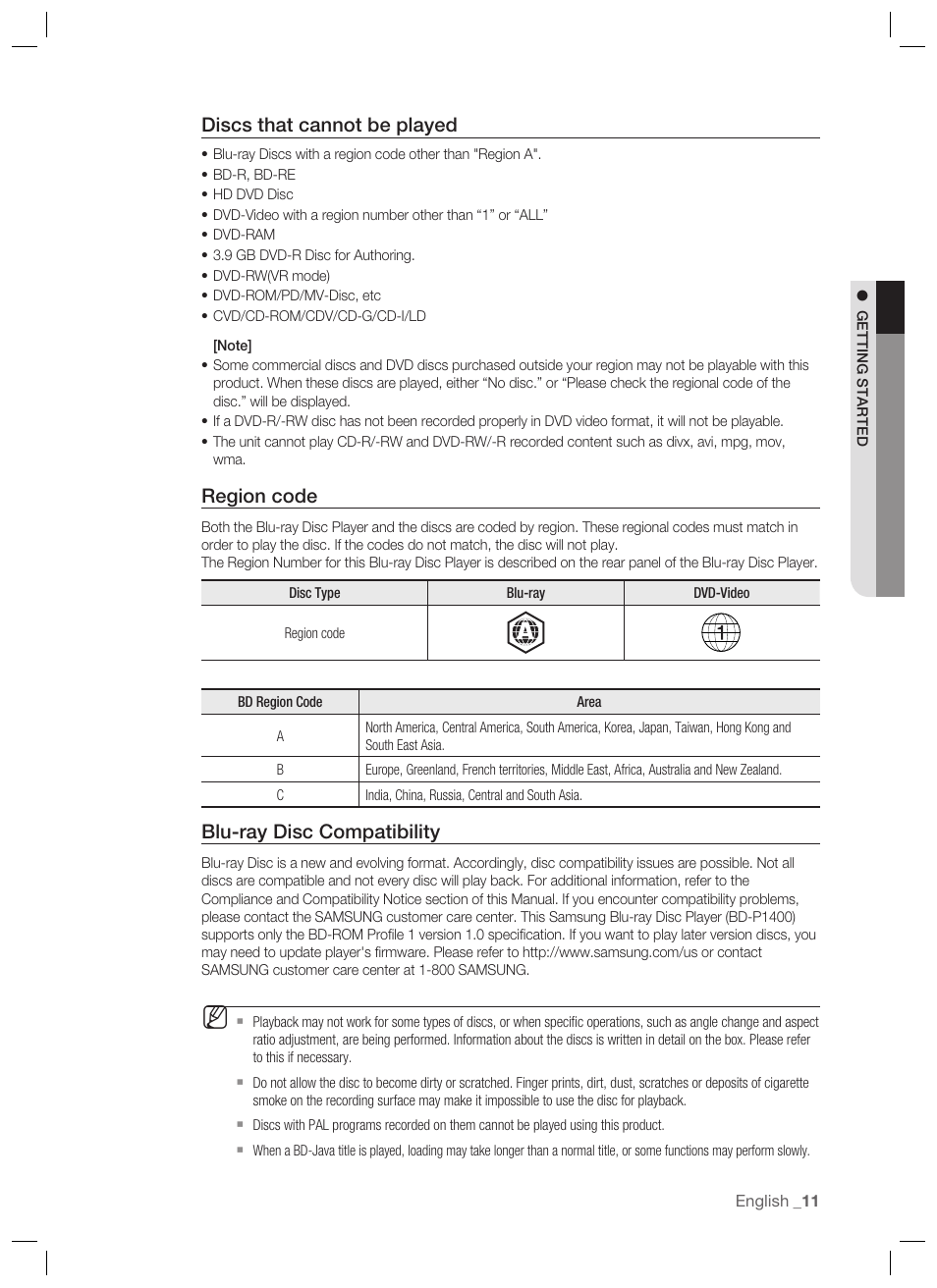Discs that cannot be played, Region code, Blu-ray disc compatibility | Samsung BD-P1400-XAA User Manual | Page 12 / 67