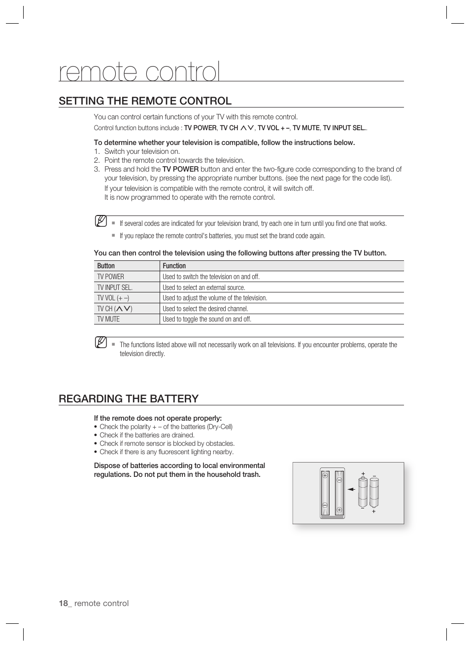 Setting the remote control, Regarding the battery, Remote control | Samsung BD-P1400-XAA User Manual | Page 19 / 67