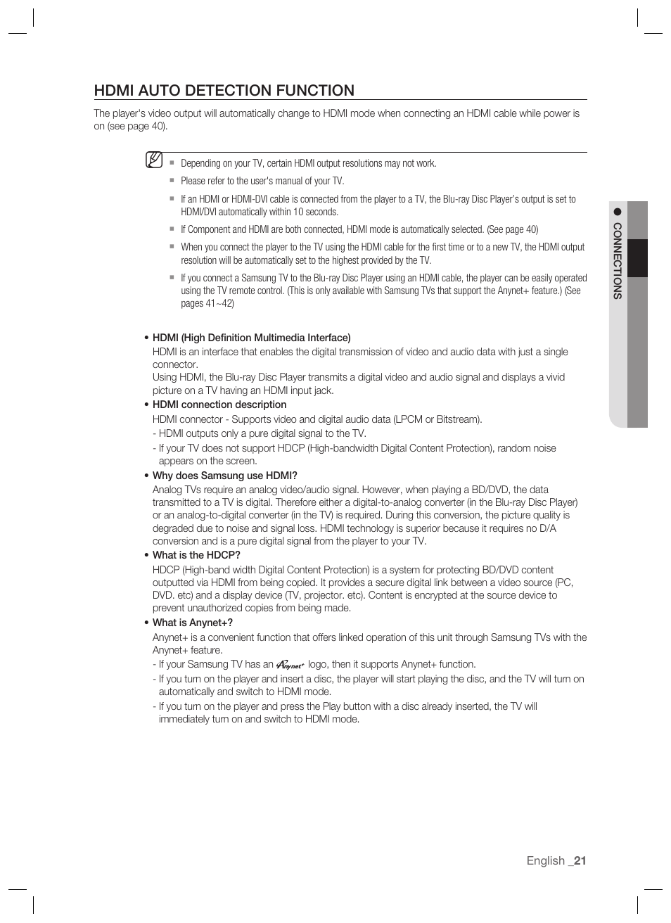 Hdmi auto detection function | Samsung BD-P1400-XAA User Manual | Page 22 / 67