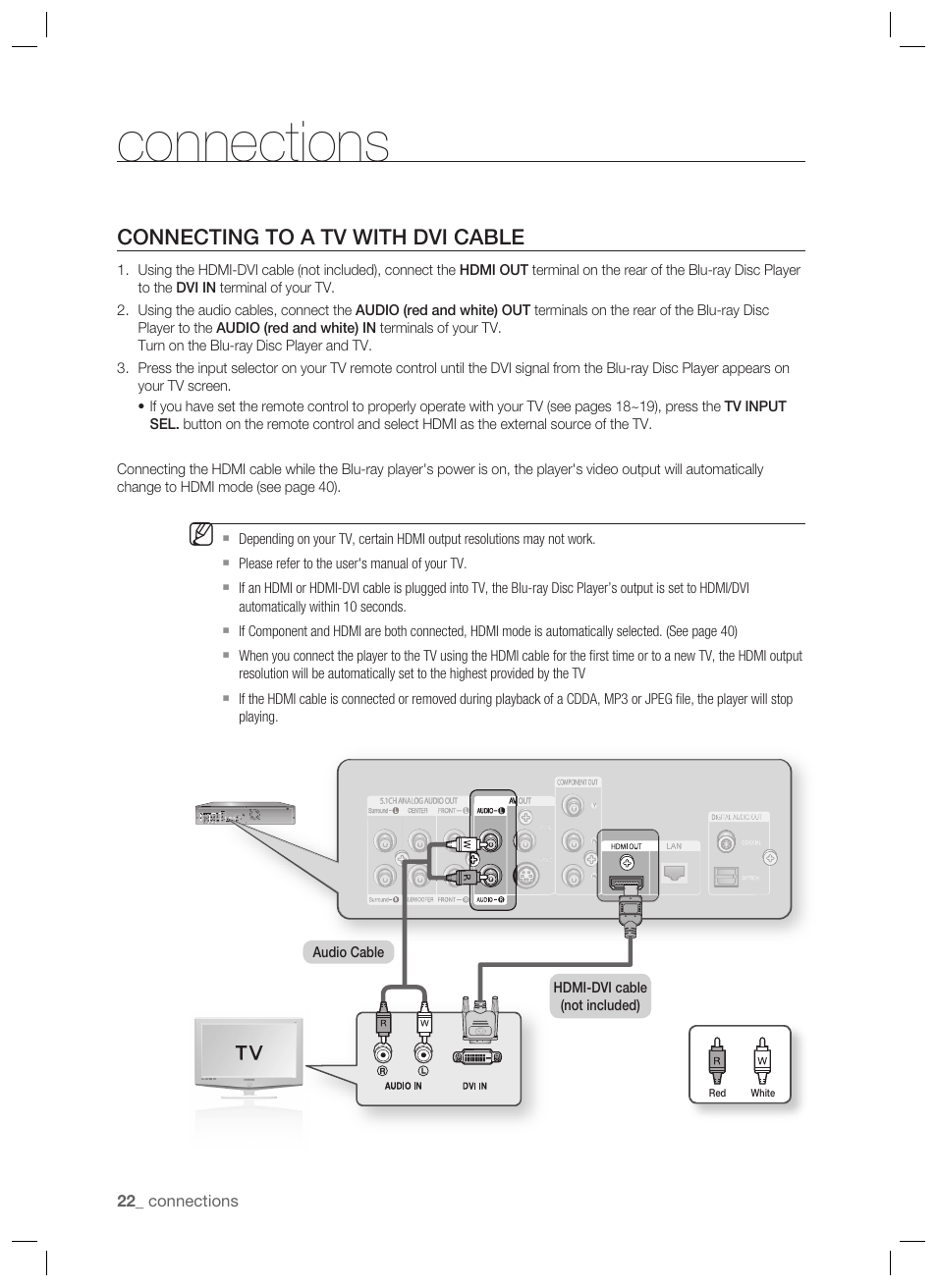 Connecting to a tv with dvi cable, Connections | Samsung BD-P1400-XAA User Manual | Page 23 / 67