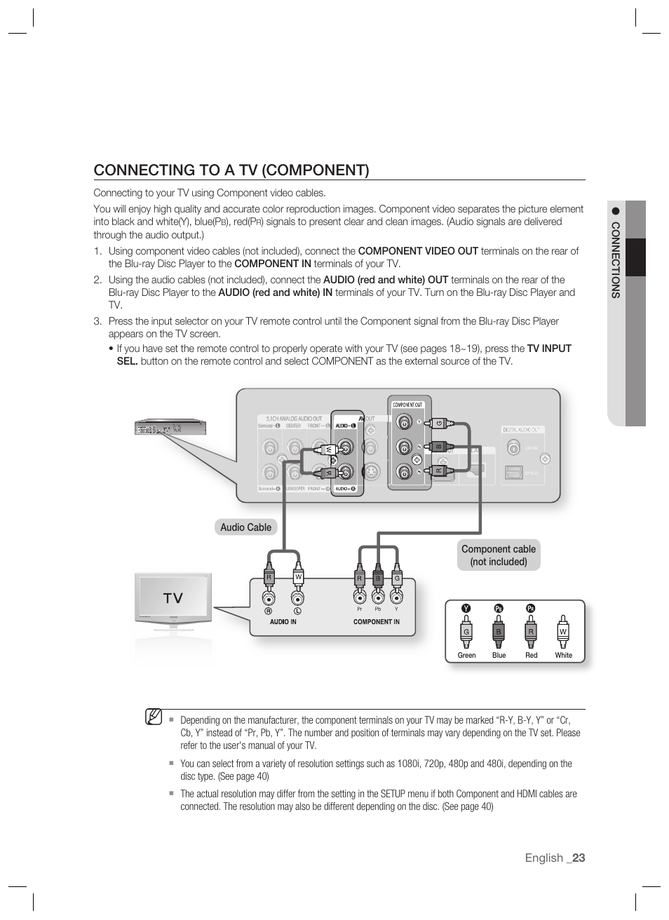 Connecting to a tv (component) | Samsung BD-P1400-XAA User Manual | Page 24 / 67