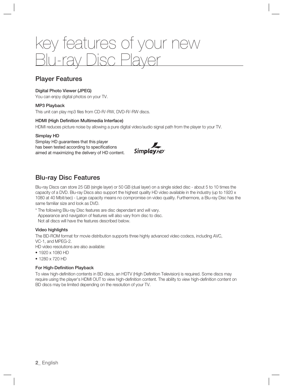 Key features of your new blu-ray disc player | Samsung BD-P1400-XAA User Manual | Page 3 / 67