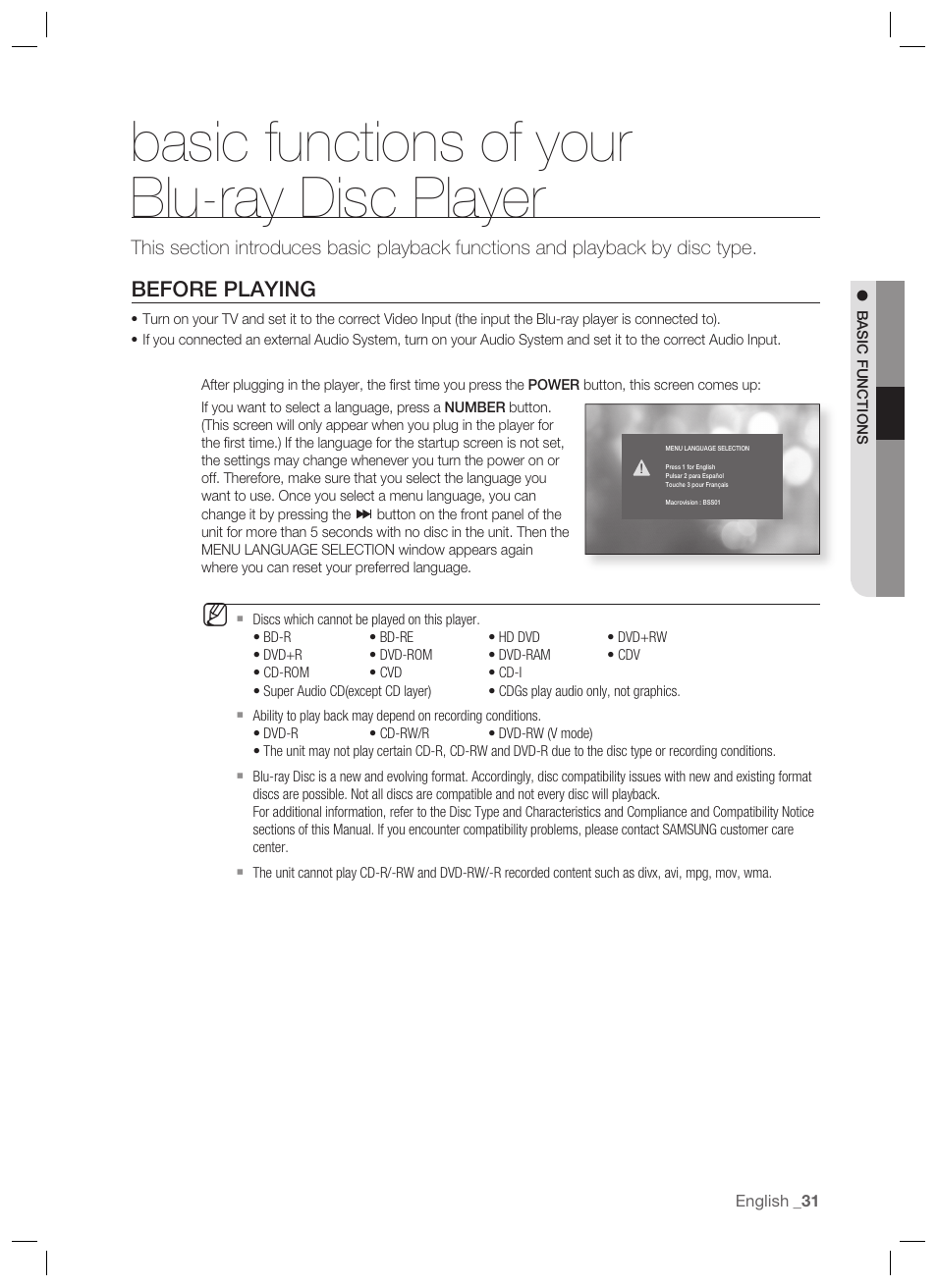 Basic functions of your blu-ray disc player, Before playing | Samsung BD-P1400-XAA User Manual | Page 32 / 67