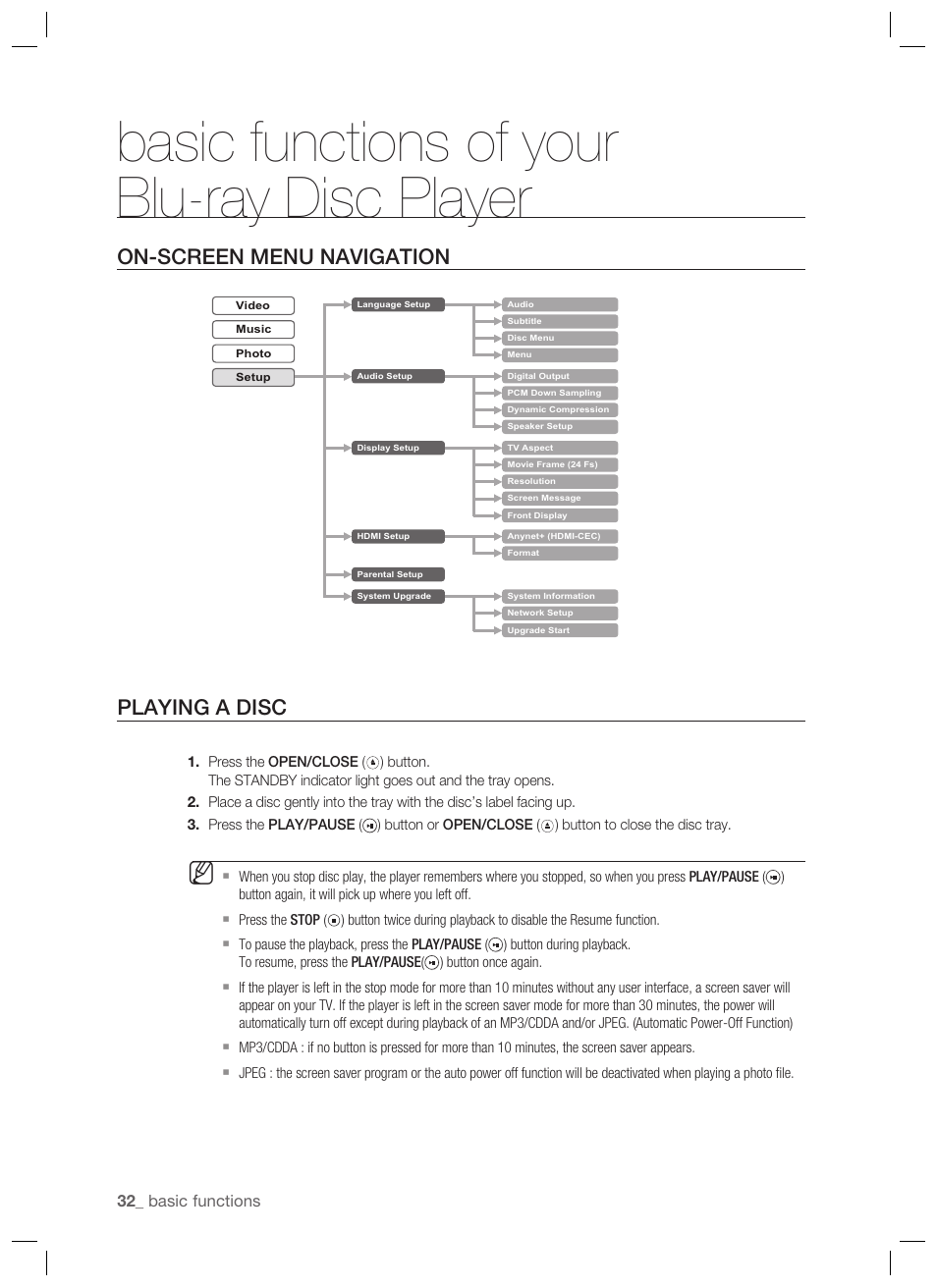On-screen menu navigation, Playing a disc, Basic functions of your blu-ray disc player | On-screen menu navigation playing a disc | Samsung BD-P1400-XAA User Manual | Page 33 / 67